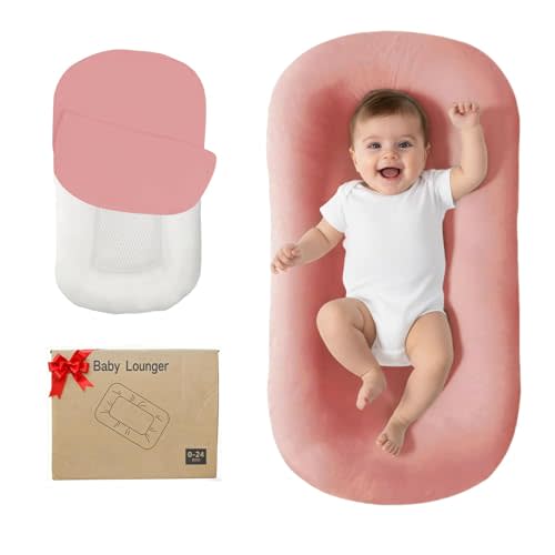 Lucakuins Baby Lounger, Bionic Design Baby Lounger for Newborn 0-24 Months, Soft Organic Cotton Breathable Lounger for Infants (Lovely Pink Lounger)