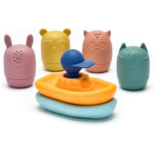 Silicone Bath Toys for Babies 6-12 Months, Easy-to-Dry Detachable Animal Squirt Toys & Floating Boat Set for Toddlers 1-3, Soft Food-Grade Sensory Water Toys for Bathtub, Pool & Beach