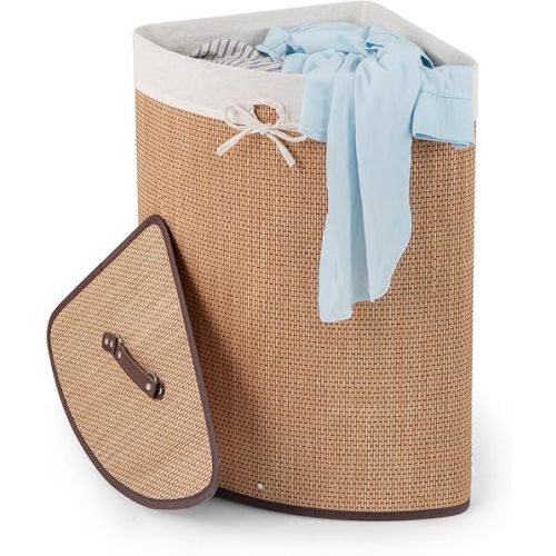 GOFLAME Corner Bamboo Laundry Hamper with Lid and Removable Liner, Washing Clothes Basket Storage Bin with Handle, Suitable for Bedroom, Bathroom, Laundry, Bamboo