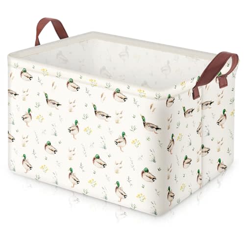 Mallard Duck Storage Basket Collapsible Canvas Toy Storage Bin Waterproof Basket with Leather Handles Farmhouse Wild Green Head Ducks Hunting Nursery Decor for Kids Bedroom Clothes Toys Books