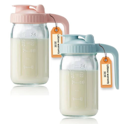 2 Pack 32oz Glass Pitcher with Lid & V-shaped Pour Spout - 1 Quart Double Leak Proof, Creamer Container for Sun Tea, Juice, Cold Brew Coffee, Breastmilk Storage Container
