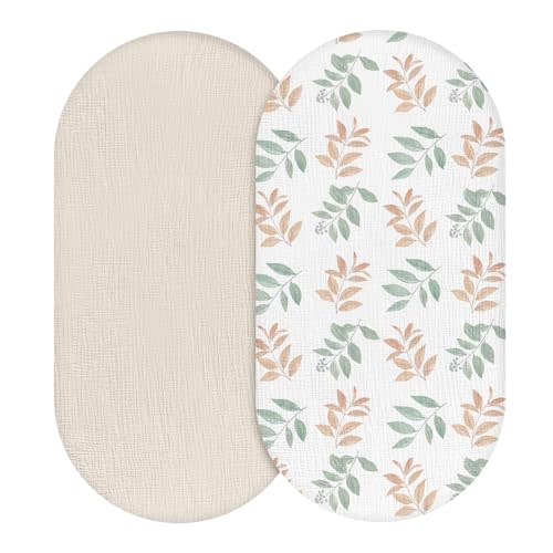 Muslin Bassinet Fitted Sheets, 2 Pack for Baby Boy and Girl, Soft Breathable Stretchy Baby Pad/Mattress Sheet Set, Universal Fit for Hourglass Oval and Rectangle Bassinet Mattress (Bright Leaves)