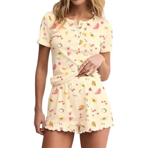 Lacozy Cute Pajama Sets for Women 2 Piece Short Sleeve Floral Print Button Shirt and Short Pj Sets Woman Y2K Sleepwear