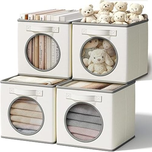 Vailando Ultra Thick Fabric Foldable Storage Bins with Mesh Window - 11 Inch Cube Storage Organizer for Clothes, Shelves, Offices, Toys & Misc, White & Ivory, 4 Pack