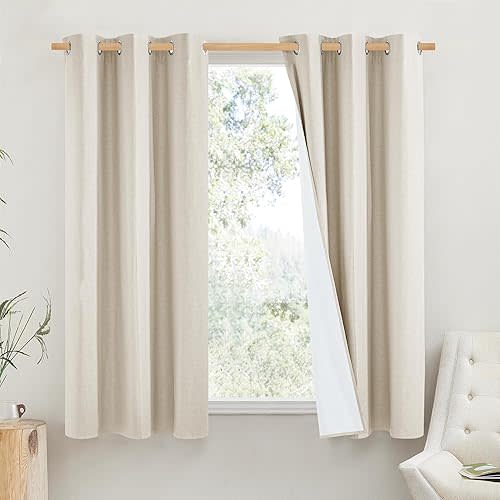 NICETOWN Linen Blackout Cold Blocking Curtains 63" Long for Classroom, Beige, Set of 2, Short Kitchen Burlap Linen 100% Blackout Drape Panels for Night Shift, Great Job for Blocking Light