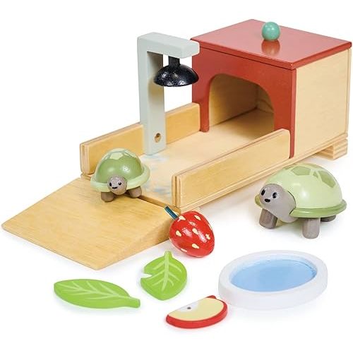 Tender Leaf Toys - Tortoise Pet Set - 10 Piece Wooden Animal Play Set with Mummy and Baby Tortoise, House, and Food - Great Add-on Pet Play Set to Dollhouse Play for Children - Age 3+