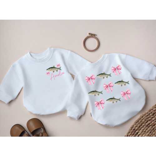 Personalized Pink Bow Fishing Girl Outfit – Bass Fish Baby T-shirt Romper , Cute Outdoor Summer Gift for Baby Girl’s First Birthday