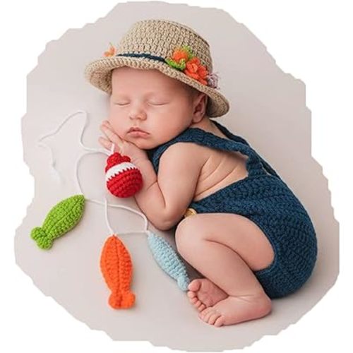 Newborn Photoshoot Outfits Fisherman Set, Crochet Kintted Baby Photography Props Hat, Suspender Pants & Fish for Boys Girls