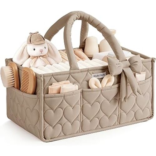 Blissful Diary Baby Diaper Caddy Organizer, Heart-Quilted, Brown