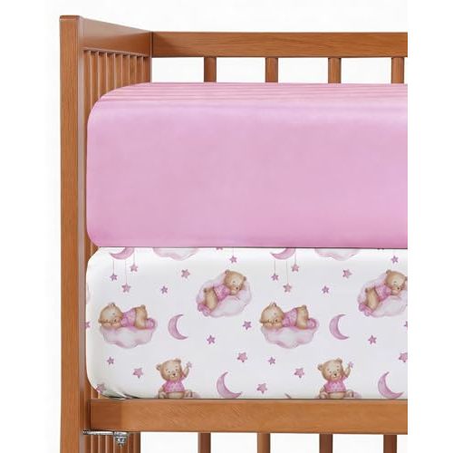 2-Pack Mini Crib Sheets Fitted - Pack N Play Sheets for Pack and Play Mattress - Stretchy Soft Microfiber Playard Bedding - Mini Toddler Bed Cover for Boys & Girls - Oeko-Tex - 38 x 24in, Dream Bear