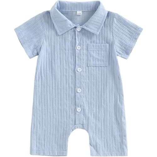 Newborn Baby Boy Clothes Button Down Short Sleeve Shirt Romper Jumpsuit Collared Bodysuit One-Piece Summer Outfit