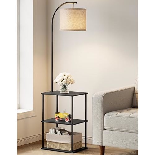 PARTPHONER Floor Lamp with Table, Night Stand with Lamp, Narrow Side Table with 3CCT LED Bulb, Small Coffee Table, Modern End Table with Storage Shelves for Living Room Bedroom Home Décor, Black