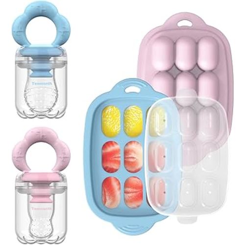 Baby Fruit Food Feeder Breastmilk Popsicle Molds with Freezer Tray, Tenmonth Silicone Baby Feeder for Safe Infant Self Feeding 2 Pack, BPA Free