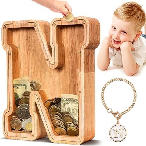 Summidate Wooden Letter Piggy Bank for Kids, Clear 9" Alphabet N Money Bank