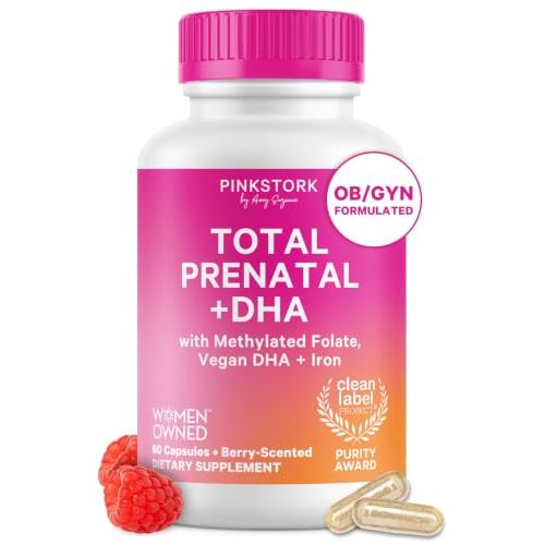 Pink Stork Total Prenatal Vitamin + DHA, Iron, Folate | Clean Label | 60 ct | Women's Multivitamin | Vegan Omega-3, Methylated Folate, Choline, Vitamin B12 | Support Mom + Baby During Pregnancy
