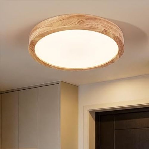 Modern LED Ceiling Light for Bedroom: Minimalist Wood Flush Mount Ceiling Light Fixture with Acrylic Lampshade - 3000K Not Dimmable Overhead Ceiling Lamps for Kitchen Hallway Living Room (11.8" Wood)
