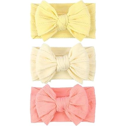 LemonSpce Handmade Baby Bows for baby girls Stretchy Nylon Hair Bands Hair Accessories with Headbands Bows for Newborn Baby Girls Infant Toddlers Kids Bow(Light Yellow)