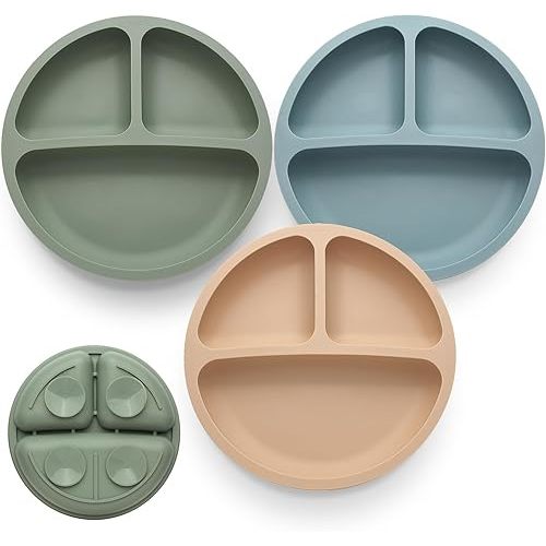 Toddler Plates 3 Pack, Divided Suction Plates for Baby, 100% Food Grade Silicone Baby Plates, Non-Slip, Baby Led Weaning Supplies, Microwave & Dishwasher Safe