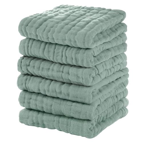 Muslin Baby Washcloths 6 Pack, 100% Cotton Wash Cloths for Babies, Large 12''X12'' Burp Cloths Absorbent and Soft for Newborn Infants Kids Boys Girls - Dark Green