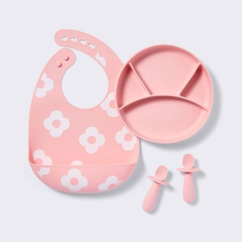 Mealtime Giftset - 4pc - Pink - Cloud Island™: Silicone, BPA-Free, Floral Pattern