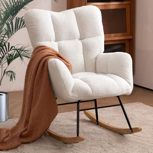 Ugijei Nursery Rocking Chair, Teddy Upholstered Glider Rocker with High Backrest Armchair, Modern Rocking Accent Chairs for Nursery, Living Room, Bedroom, Offices (Ivory)