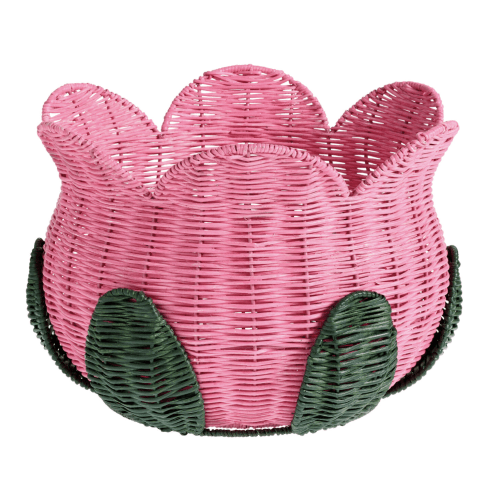 Pink and Green Rattan Tulip Basket