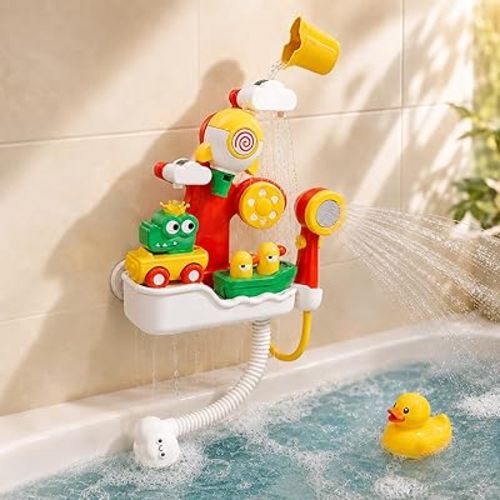 Baby Bath Toys for Kids, Bathtub Toy for Toddler, Baby Bath Shower Head, Rocket Whistle, Cute Car and Little Yacht 4-in-1 Multifunctional Interactive Water Play Kit for Kid Todders.