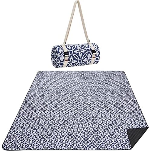 Picnic Blanket, 80''x80'' Waterproof Outdoor Blankets, Picnic Mat Washable for Beach, Picnic Blankets for Camping on Grass with Shoulder Strap - NavyBlue