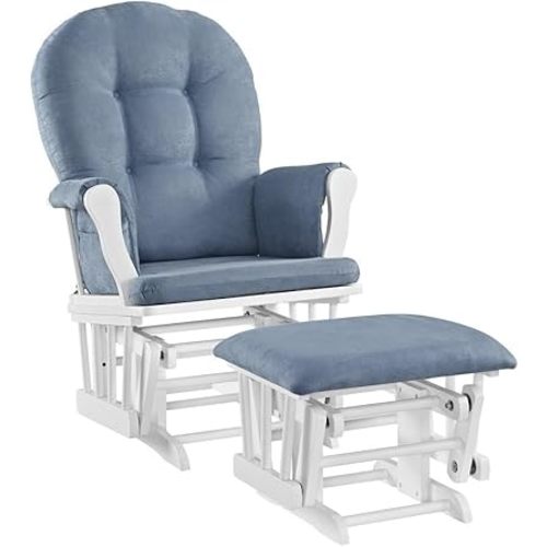 Glider and Ottoman Set with Smooth Enclosed Metal Bearings, Padded Arms, Storage Pockets, Removable Polyester Cushions, 25.75" D x 24.75" W x 39.5" H White and Blue