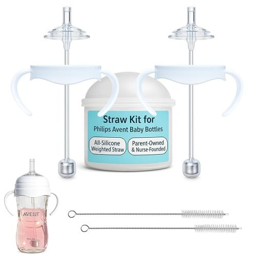 Straw Cup Conversion Kit for Philips Avent Natural Baby Bottles 2-Count, Food Grade Silicone Straw Nipples and Weighted Straw, Bottle Handles, Cleaning Brush, BPA-Free, Sippy Transition, 6+ Months