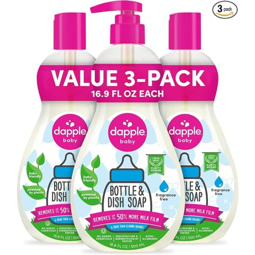 Dapple Baby Fragrance Free Bottle & Dish Soap - (3 Pack) 16.9 fl oz - Cleans Baby Bottles, Sippy Cups, Pacifiers, Breast Pumps, & More - Gently Removes Milk Film & Odors - Includes 1 Pump