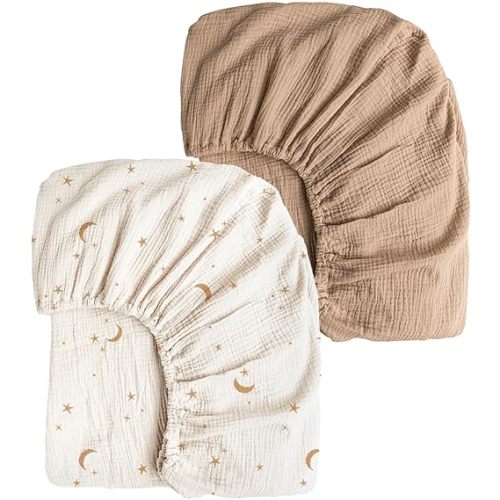 Konssy Muslin Crib Sheets for Girl Boy, 2 PCS Soft and Breathable Cotton Baby Sheets for Standard Crib Mattress, 52"x 28" (Moon,Camel)