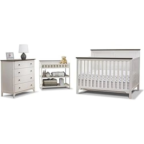 Sorelle Furniture Farmhouse 3-Piece Nursery Set with 4-in-1 Convertible Crib, 4-Drawer Dresser, and Changing Table with Shelves, Baby Furniture Made of Wood, Non-Toxic Finish-Chocolate and White