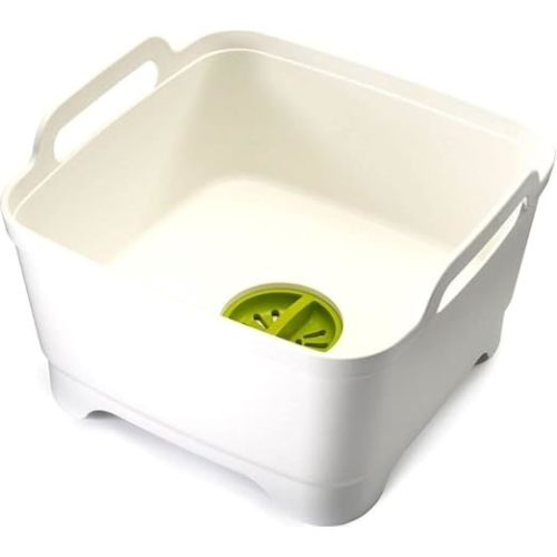 Joseph Joseph Wash & Drain Kitchen Dish Tub Wash Basin with Handles and Draining Plug, 9 liters/2.3 Gallons, White/Green