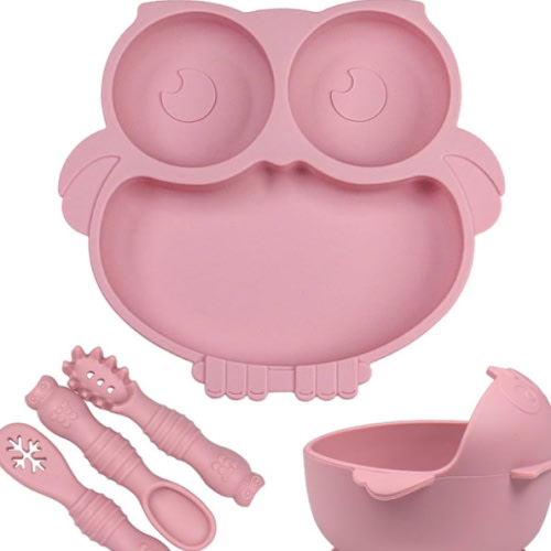 Owl Shape Silicone Baby Feeding Set, Toddler Suction Plates and Bowls Set with Spoons, Kids Silicone Dinnerware Set Eating Utensils, Pink