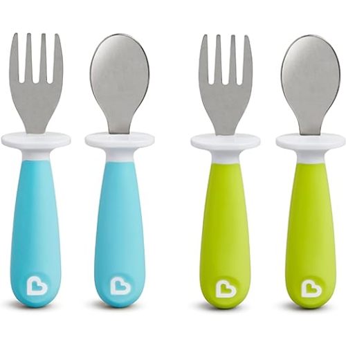 Munchkin® Raise™ Toddler Fork and Spoon Utensil Set, Rest Keeps Tip Off Table, BPA Free, 4 Pack, Blue/Green