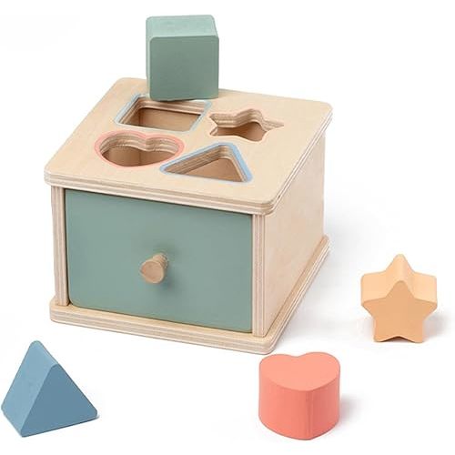 Montessori Toys for 2 3 4 5 Year Old - Wooden Object Permanence Box with Drawer Sensory Toys Shape Sorter Color Sorting Education for Baby Toddler Boy Girl Drop Busy Box (B-Blocks)