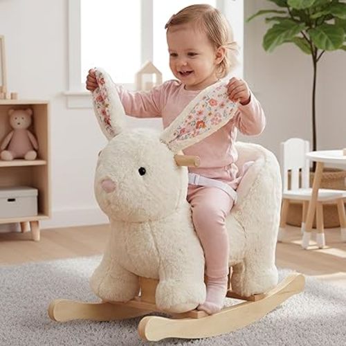labebe Baby Rocking Horse, Plush Rabbit Animal Rocker, Wooden Rocking Horse with Seat Belt, Kid Ride On Toy for 12M+ Baby Girls, Nursery Birthday