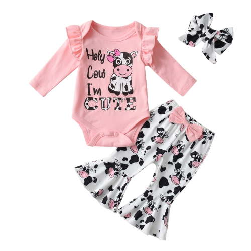Newborn Baby Girl Clothes Animals Style Long Sleeve Ruffle Romper Pants Set 3PCS Pink 3-6 Months