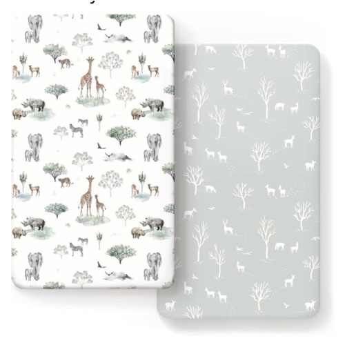 GRSSDER Stretch Ultra Soft Jersey Knit Fitted Crib Sheets Set 2 Pack，Fit All Standard Crib Mattress Pads Safe and Snug, Crib Fitted Sheet for Boys and Girls, Pretty African Savannah Animals Pattern