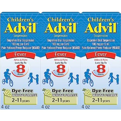Advil Children's Pain Reliever and Fever Reducer, Dye Free Children's Ibuprofen for Pain Relief, Liquid Ibuprofen for Children, White Grape - 4 Fl Oz (Pack of 3)