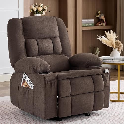 Rocker Recliner Chair with Massage and Heat,Nursery Rocking Chairs for Living Room,Ergonomic Comfy Relining Chair with Cup Holders,USB Charge Port,Side Pockets,Comfortable Arms,Recliner Sofa,Brown