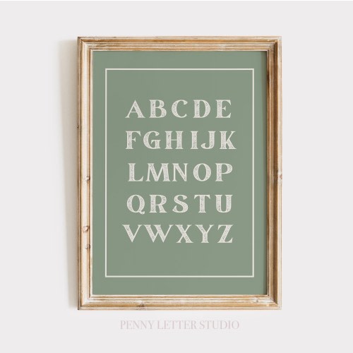 Alphabet Vintage Sage Green Background Print: Neutral Nursery Wall Art