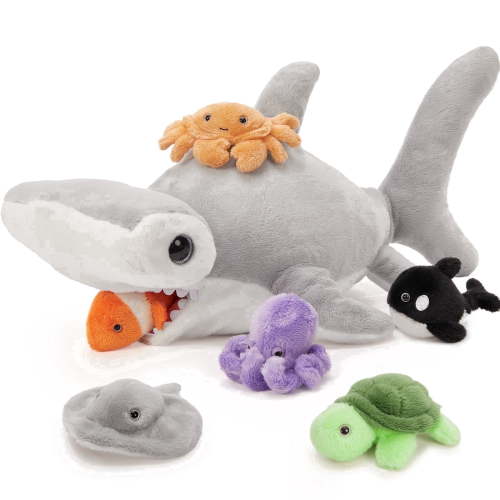 MaoGoLan 7PCS Hammerhead Shark Stuffed Animal 23'' Giant Hammerhead Shark With 6 Sea Animals Plush Toy