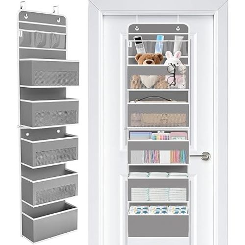 WISELIFE Over The Door Organizer - 6 Shelves Detachable Hanging Bedroom Storage Solution with 5 Large Pockets and 3 PVC Pockets for Dorm Bathroom, Pantry Nursery Baby Essentials (Grey)