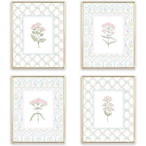Floral Nursery Wall Art Baby Girls Room Decor Wall Pink Blue Wildflower Canvas Prints Vintage Botanical Poster Floral Cottage Pictures Painting Artwork for Girls Bedroom 8x10 In Unframed Set of 4