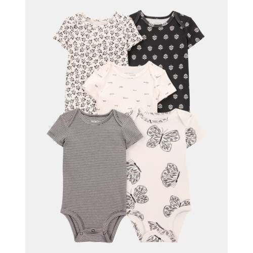 Baby Girl 5-Pack Striped Butterfly Short-Sleeve Cotton Bodysuits - Black/White | Carter's