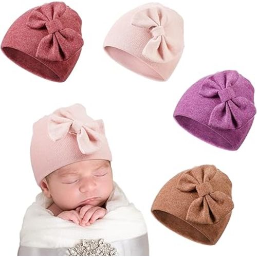 Cuffbow 4 Pcs Preemie Hats Baby Bow Cap Warm Cotton Hospital Premature Baby Beanie for Premature Boy Girl Newborn Infant