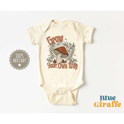 Mushroom Grow Your Own Way Onesie®: 0-3 months / Short Sleeve Natural Onesie