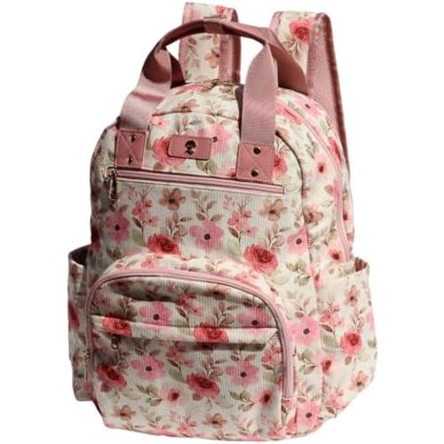 Diaper Bag Backpack, Large Capacity Multifunction Baby Essentials Fashion Travel Pack Linen Canvas office Laptop Bag (Corduroy Pink Flower)